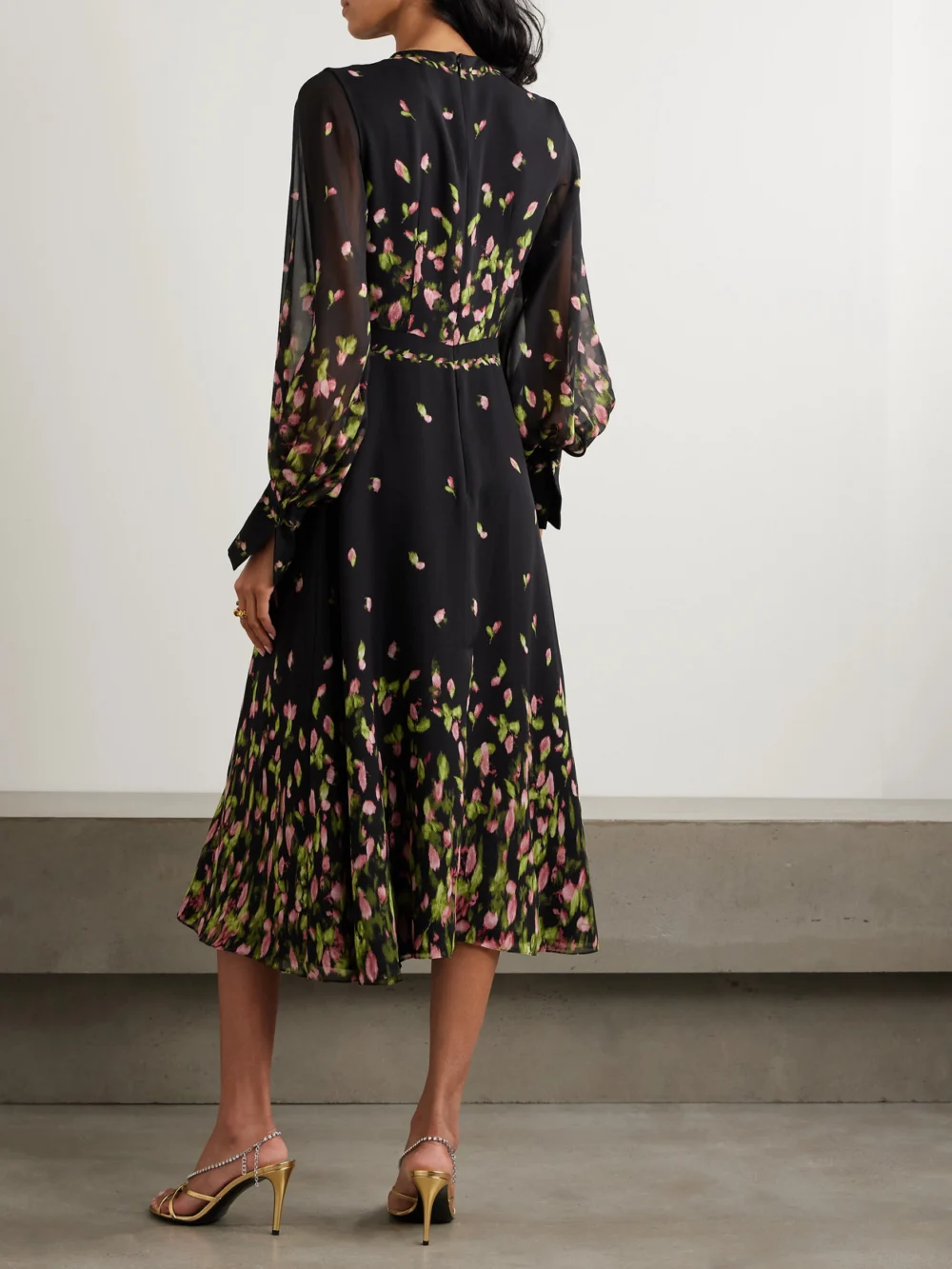 Back view of the Erdem Gathered Floral-print Silk-georgette Midi Dress