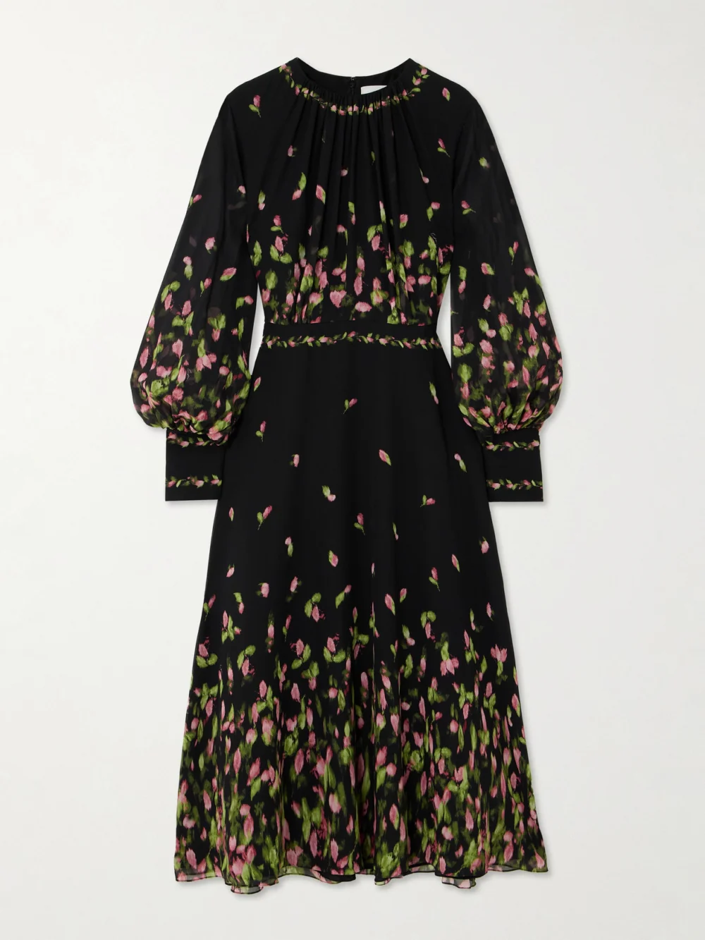 Erdem Gathered Floral-print Silk-georgette Midi Dress in black