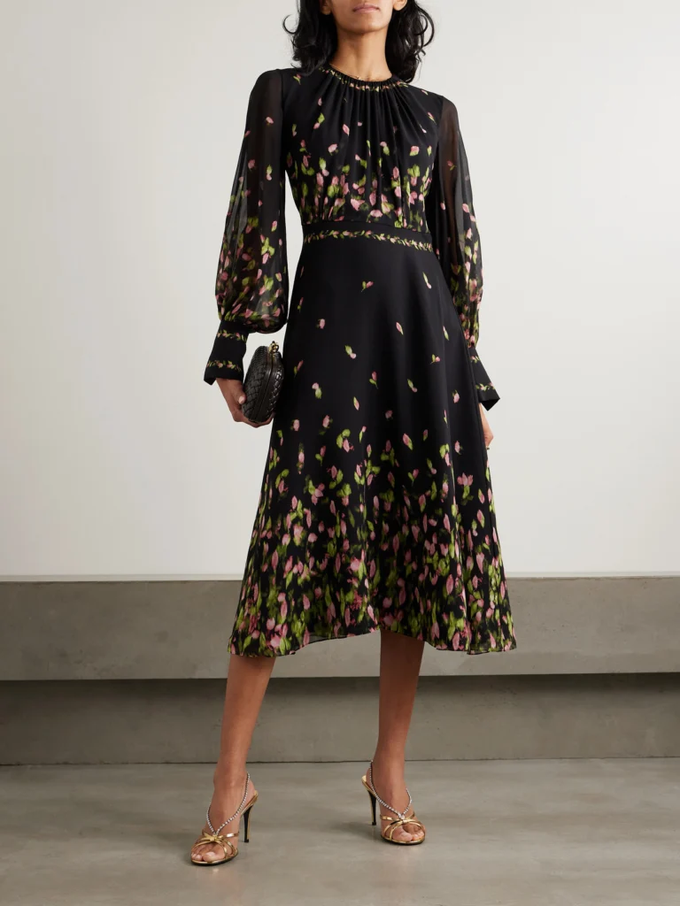 Erdem Gathered Floral-print Silk-georgette Midi Dress