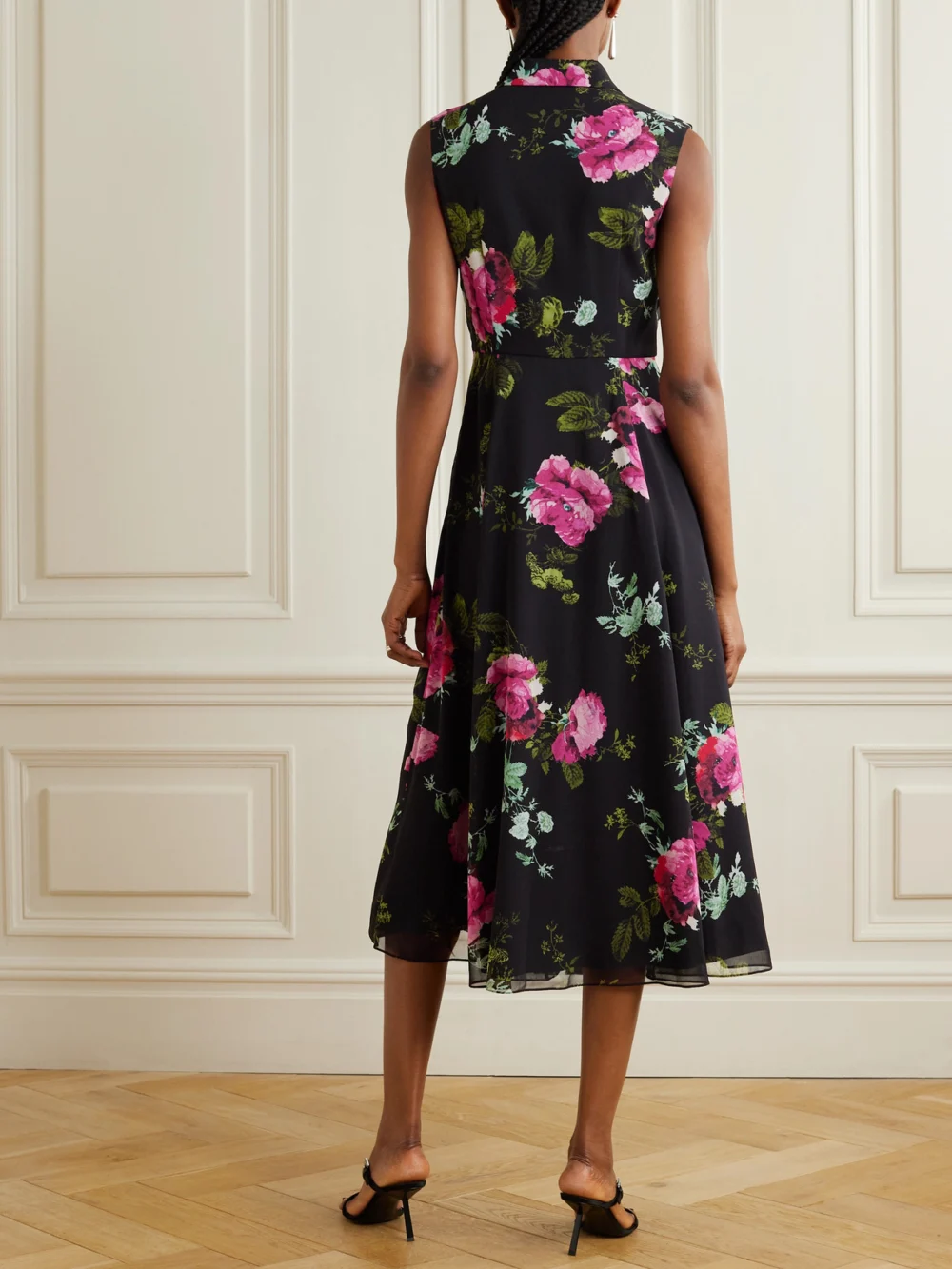 Back view of the Erdem Gathered Pleated Floral-print Chiffon Midi Dress