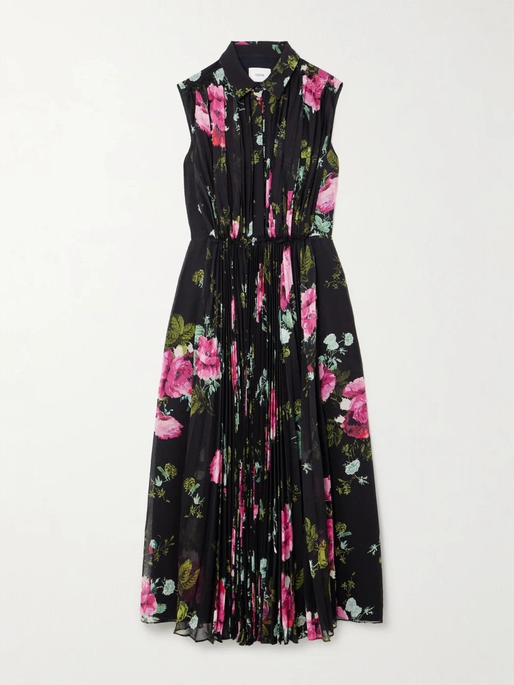 Erdem Gathered Pleated Floral-print Chiffon Midi Dress in black