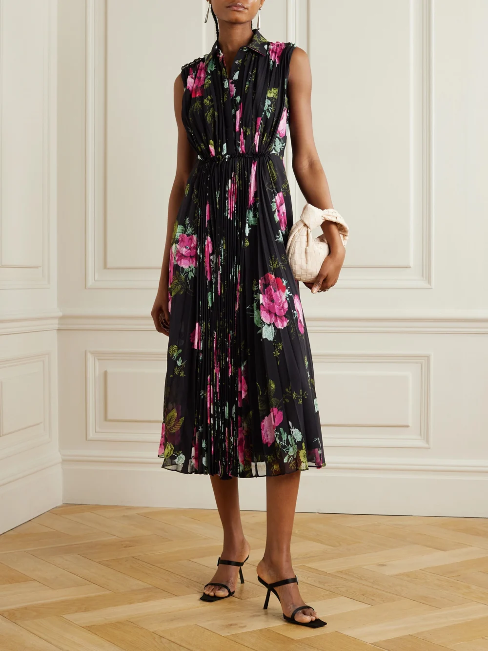 Erdem Gathered Pleated Floral-print Chiffon Midi Dress, worn by a model