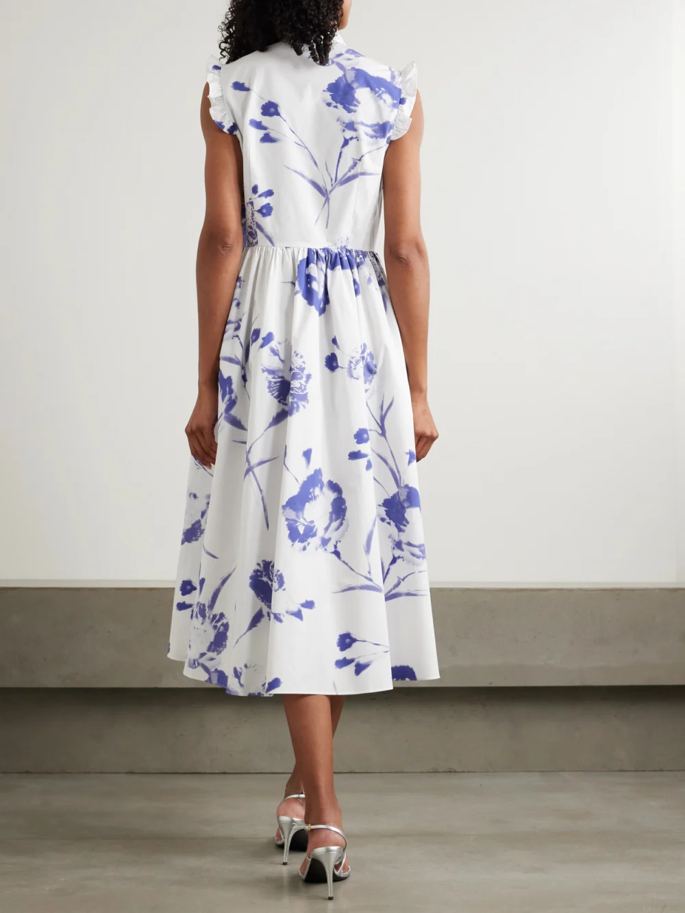 Back view of the Erdem Gathered Ruffled Floral-print Cotton-poplin Midi Dress
