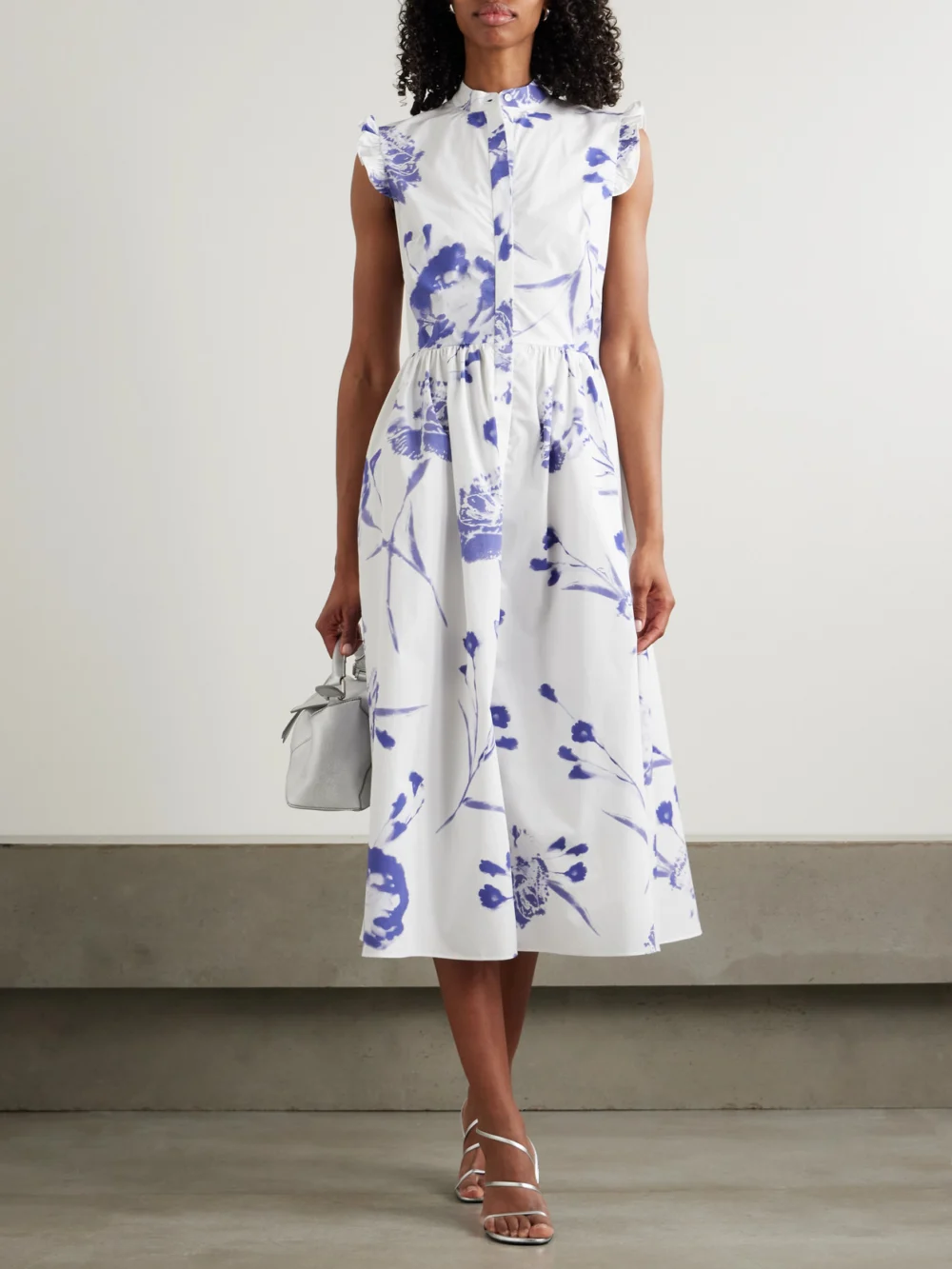Erdem Gathered Ruffled Floral-print Cotton-poplin Midi Dress, worn by a model