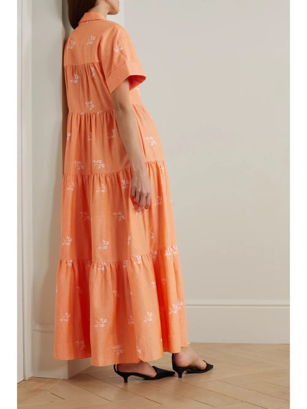 Back view of the Erdem Helena Oversized Tiered Embroidered Cotton-blend Gauze Maxi Shirt Dress