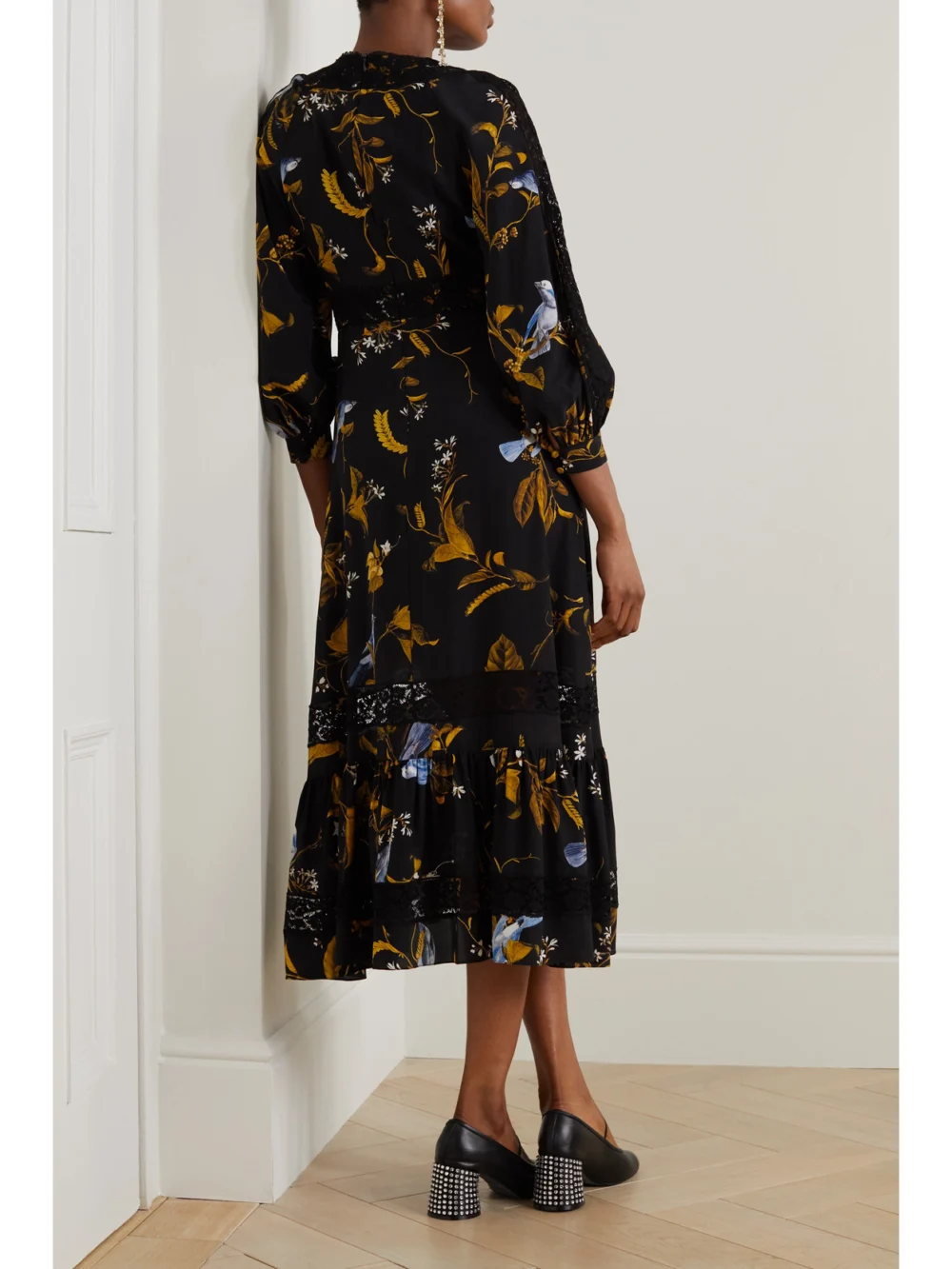 Back view of the Erdem Lace-trimmed Floral-print Silk Crepe De Chine Midi Dress