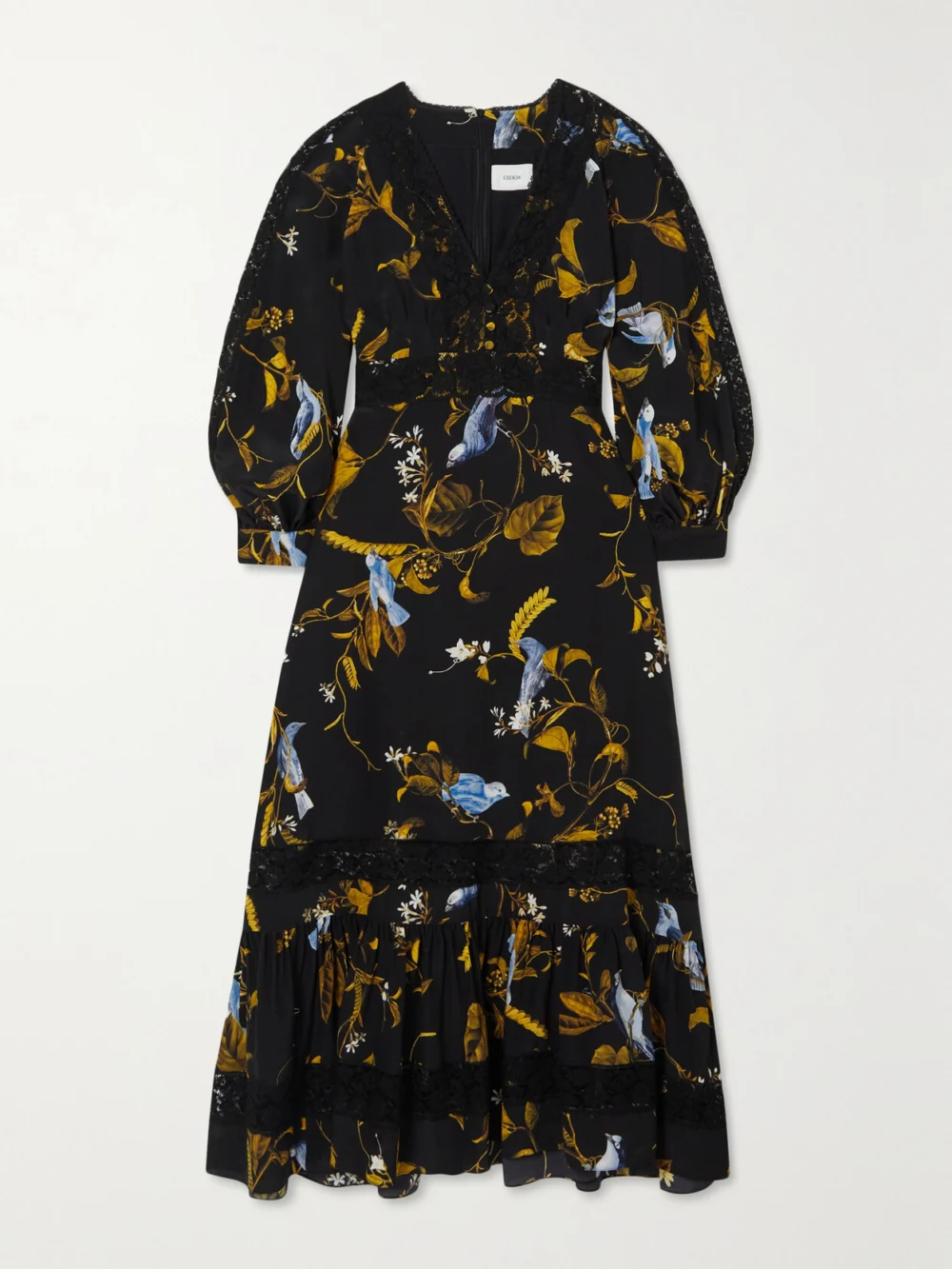 Erdem Lace-trimmed Floral-print Silk Crepe De Chine Midi Dress in black