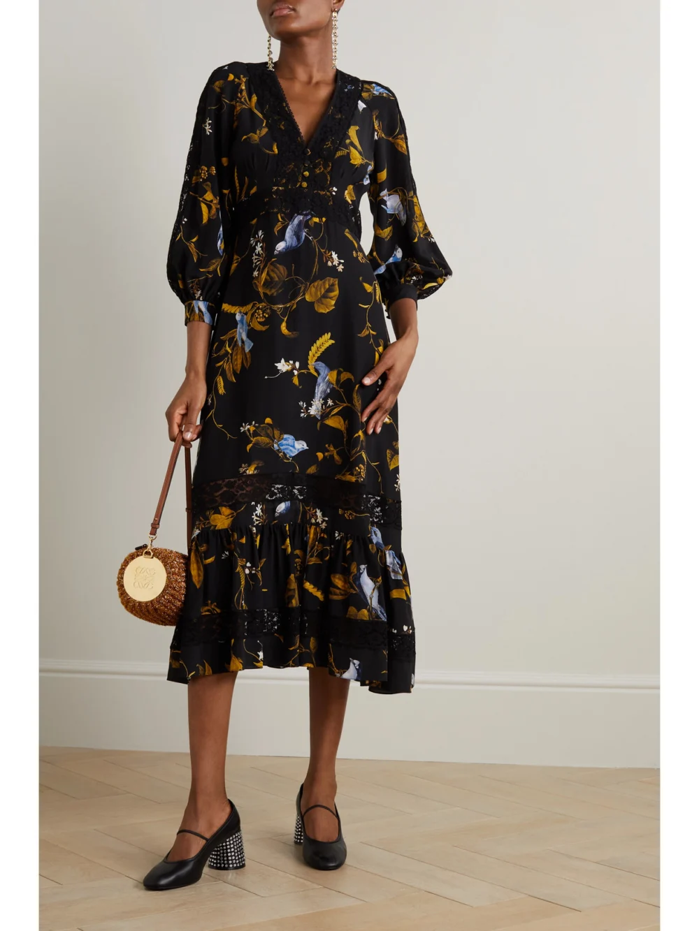 Erdem Lace-trimmed Floral-print Silk Crepe De Chine Midi Dress, worn by a model