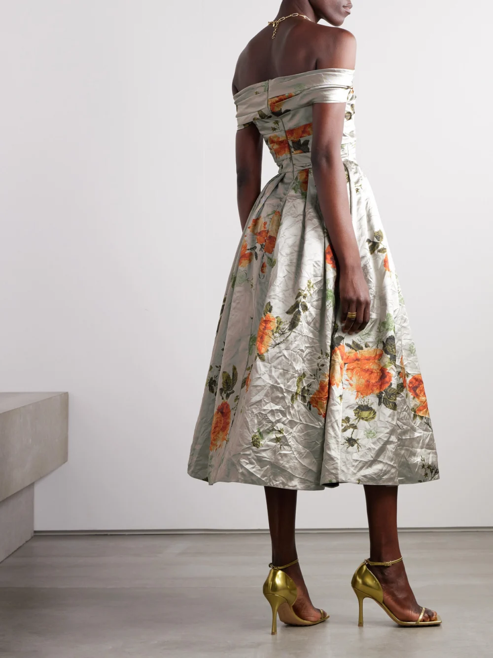 Back view of the Erdem Off-the-shoulder Floral-print Metallic Crinkled-satin Midi Dress