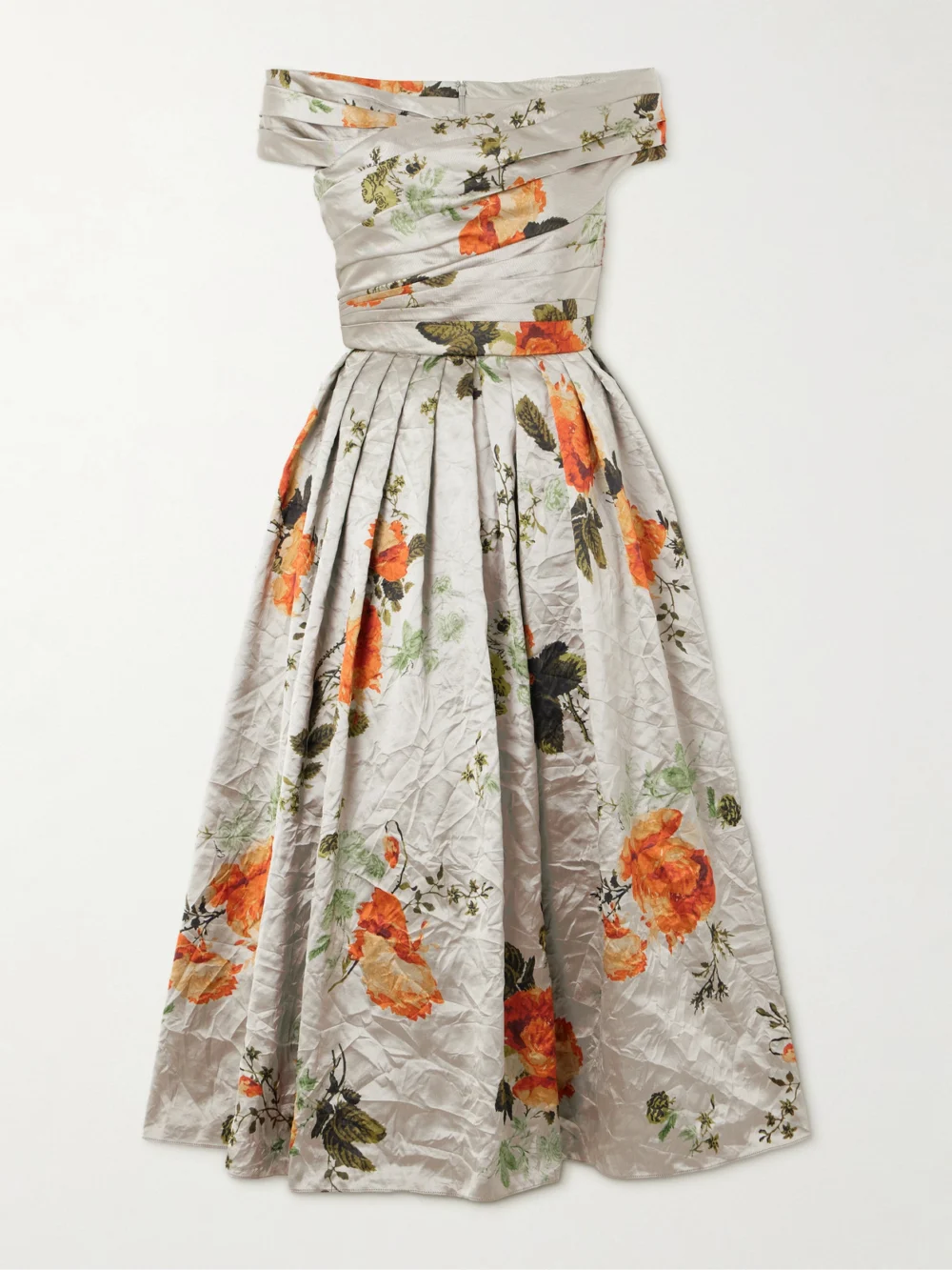 Erdem Off-the-shoulder Floral-print Metallic Crinkled-satin Midi Dress in off-white