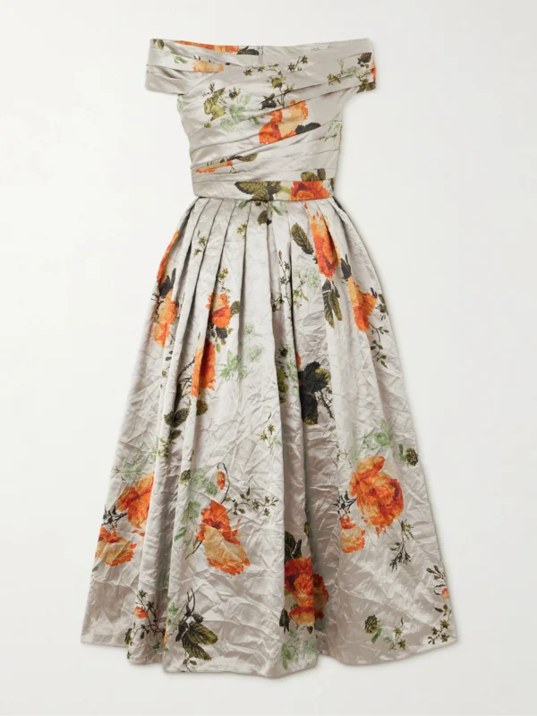 Erdem Off-the-shoulder Floral-print Metallic Crinkled-satin Midi Dress