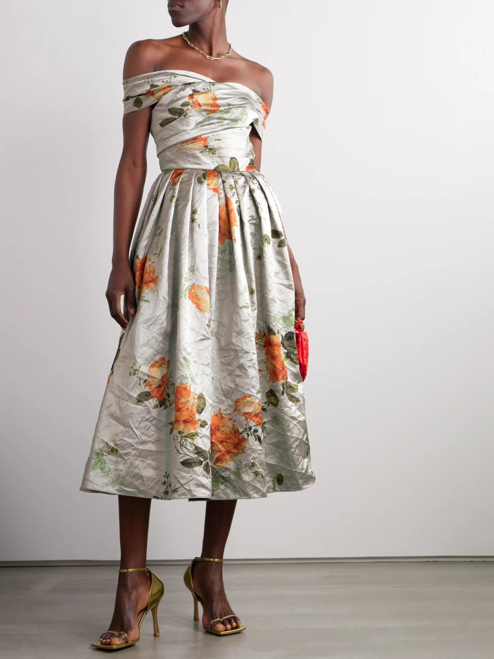Erdem Off-the-shoulder Floral-print Metallic Crinkled-satin Midi Dress, worn by a model