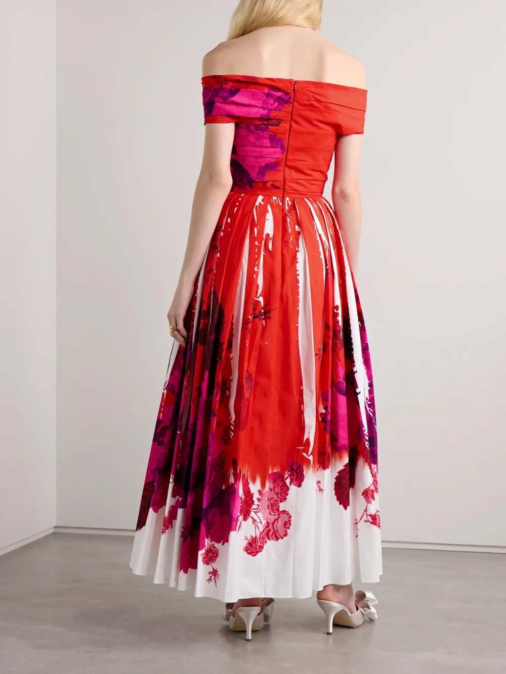 Back view of the Erdem Off-the-shoulder Pleated Printed Cotton-faille Midi Dress