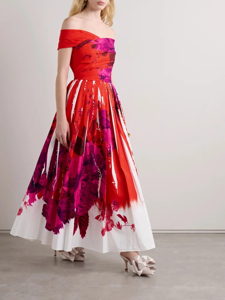 Erdem Off-the-shoulder Pleated Printed Cotton-faille Midi Dress