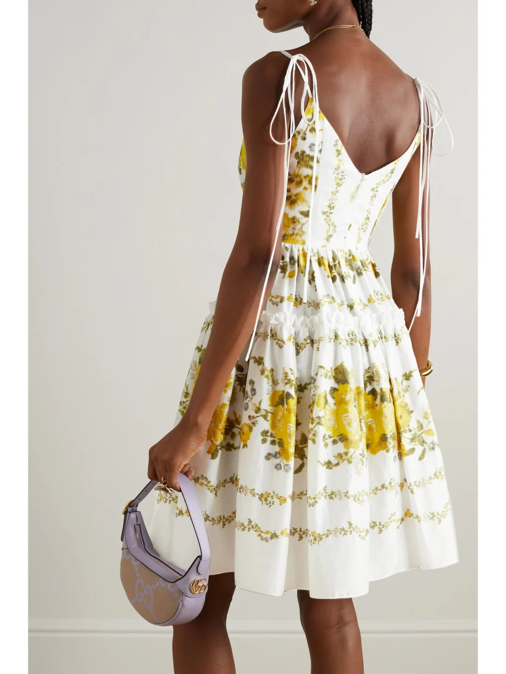 Back view of the Erdem Oleander Ruffled Floral-print Cotton Mini Dress