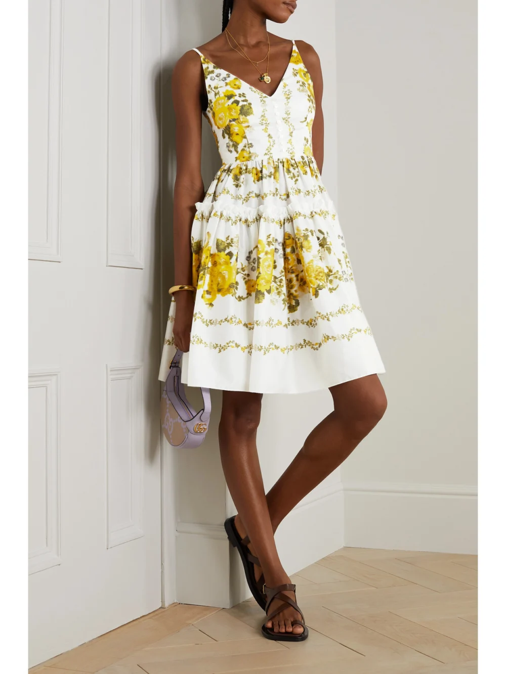 Erdem Oleander Ruffled Floral-print Cotton Mini Dress, worn by a model