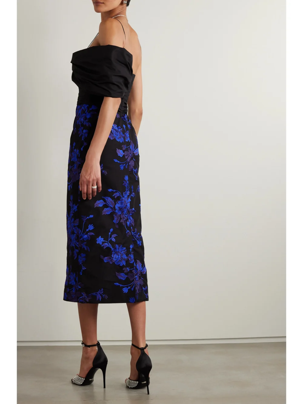 Back view of the Erdem One-shoulder Embroidered Cotton-faille Midi Dress