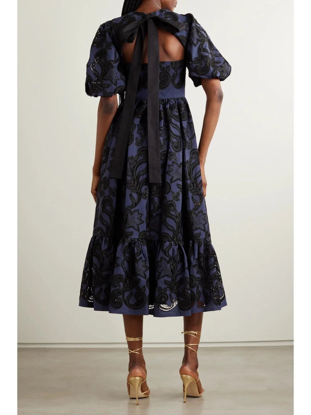 Back view of the Erdem Open-back Pleated Broderie Anglaise Voile Midi Dress