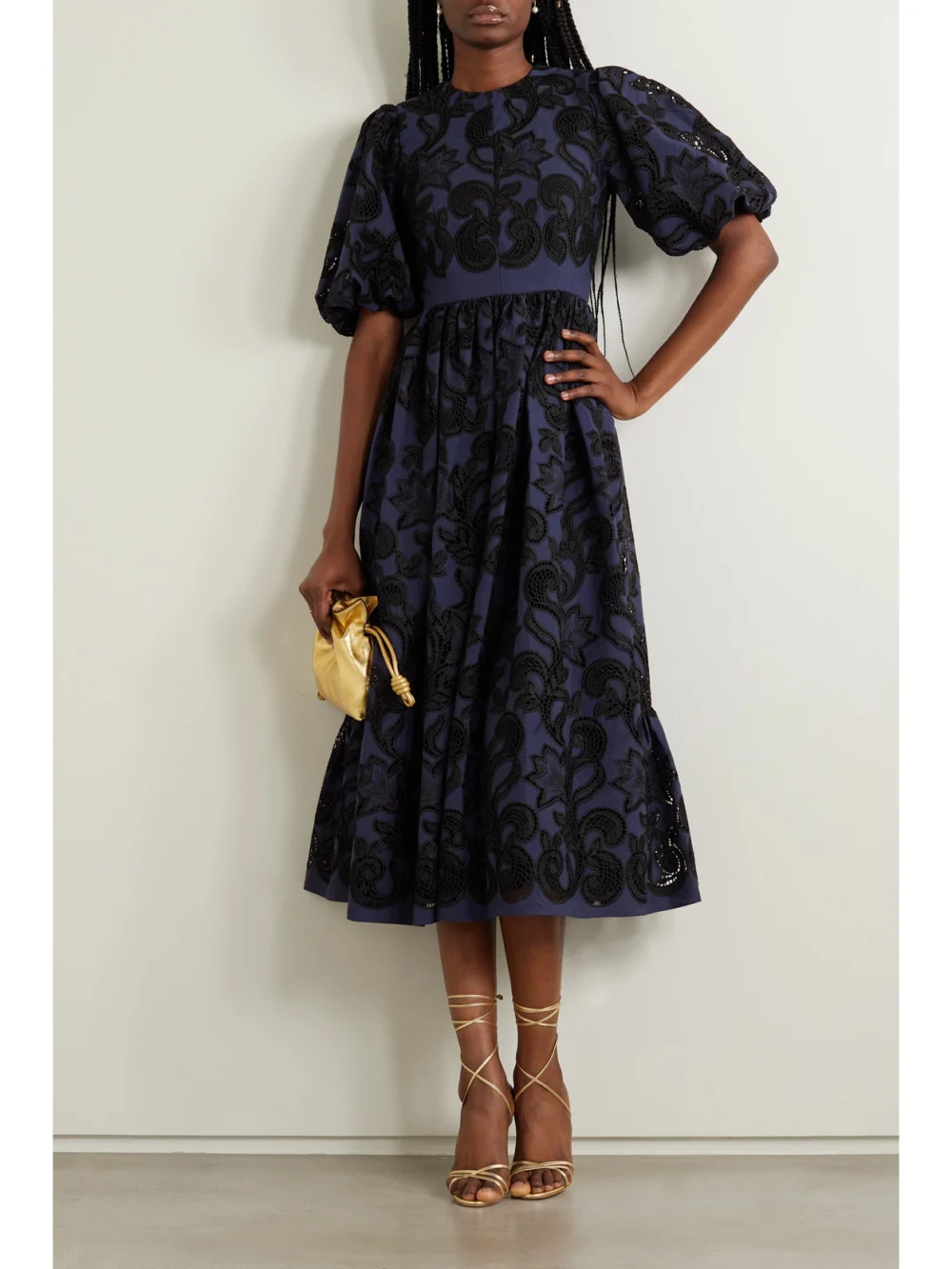 Erdem Open-back Pleated Broderie Anglaise Voile Midi Dress, worn by a model
