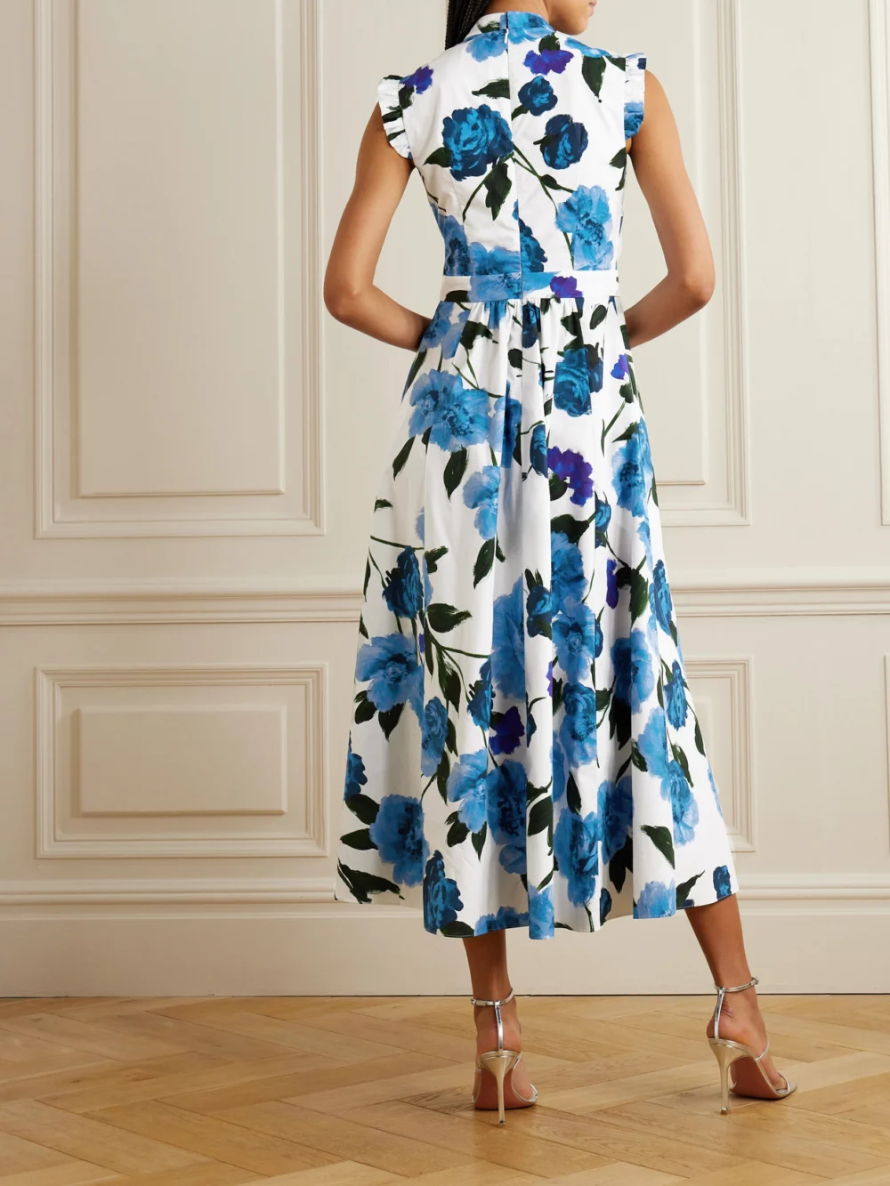 Back view of the Erdem Ruffled Shirred Floral-print Cotton-poplin Midi Dress