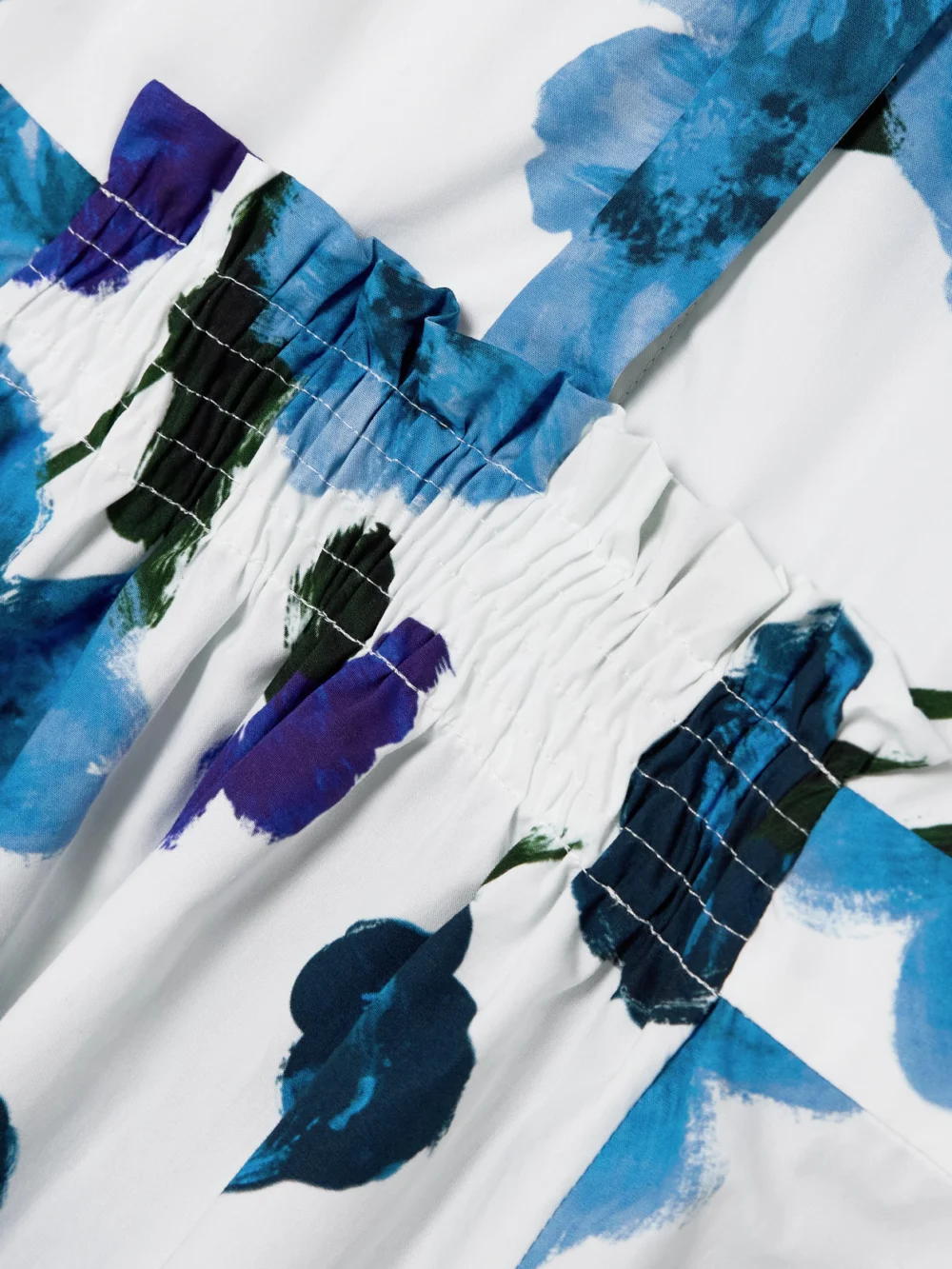 Close-up detail of the Erdem Ruffled Shirred Floral-print Cotton-poplin Midi Dress