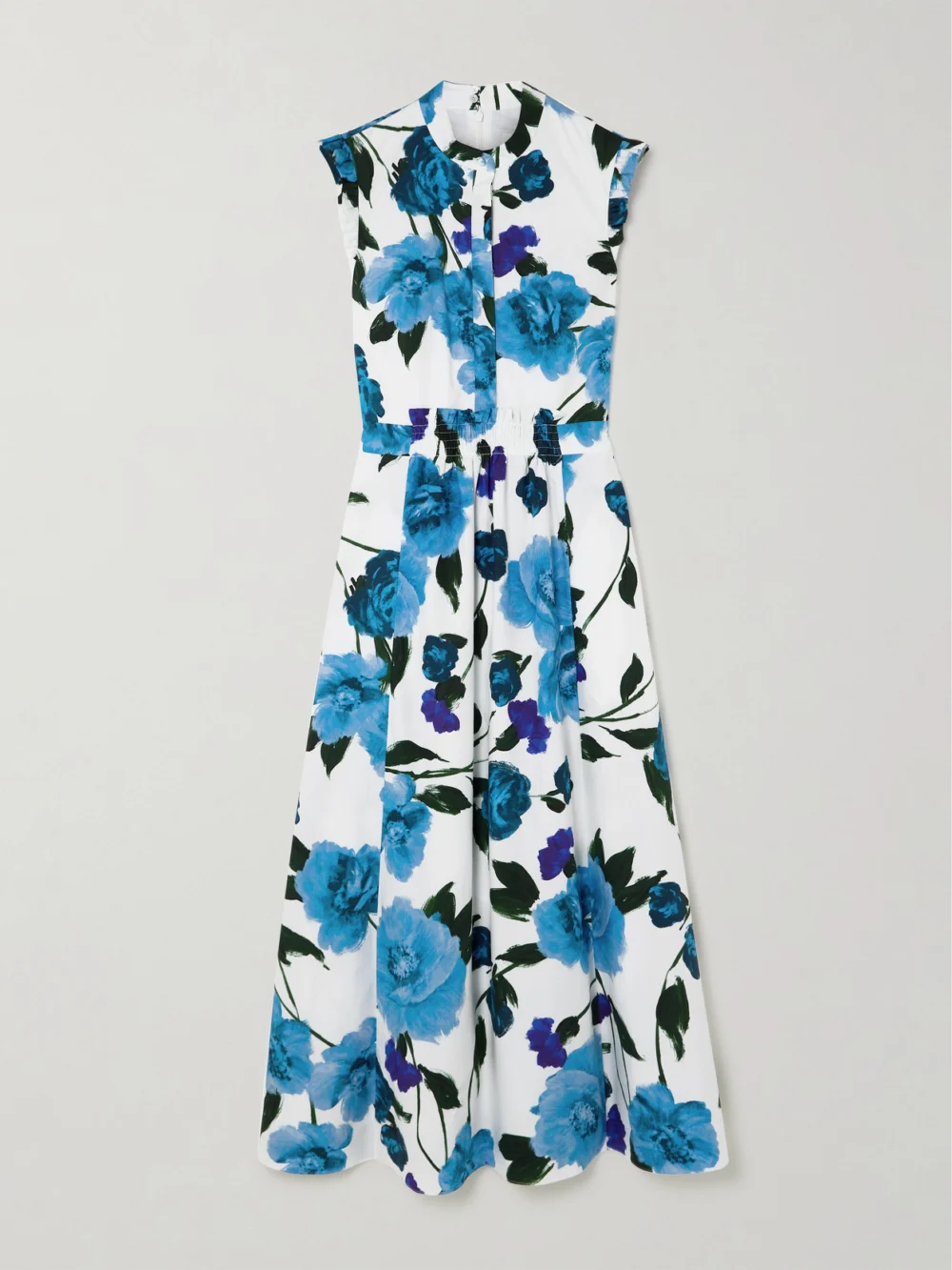 Erdem Ruffled Shirred Floral-print Cotton-poplin Midi Dress in blue