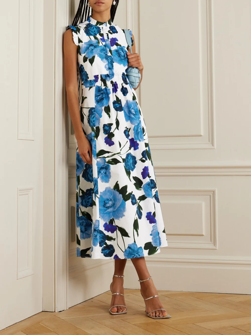 Erdem Ruffled Shirred Floral-print Cotton-poplin Midi Dress, worn by a model