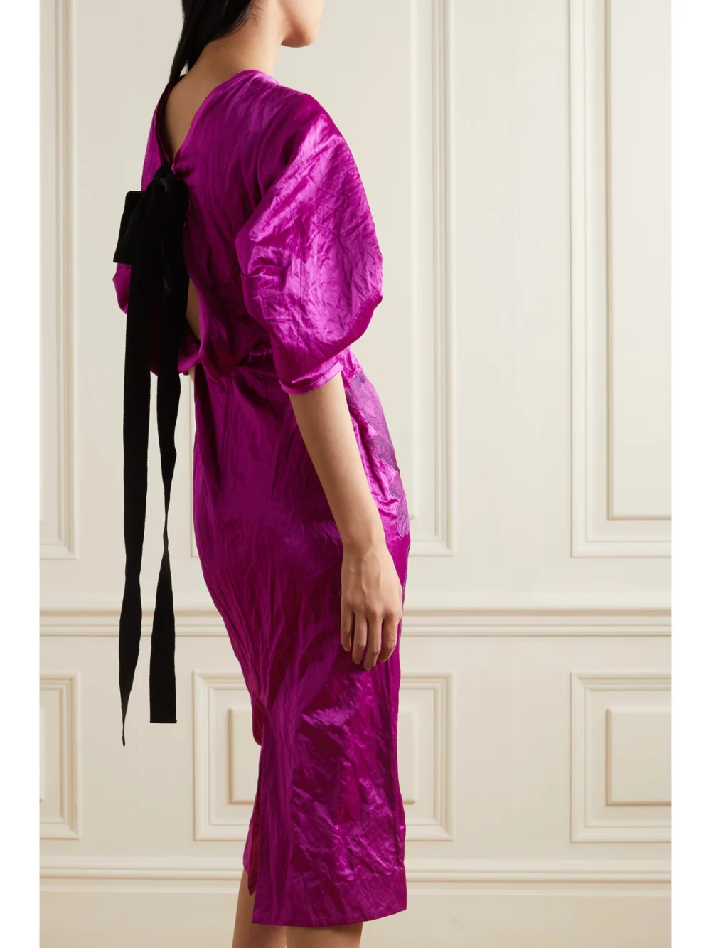 Back view of the Erdem Sandrine Bow-detailed Appliquéd Textured-satin Midi Dress