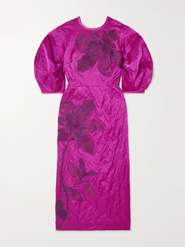 Erdem Sandrine Bow-detailed Appliquéd Textured-satin Midi Dress