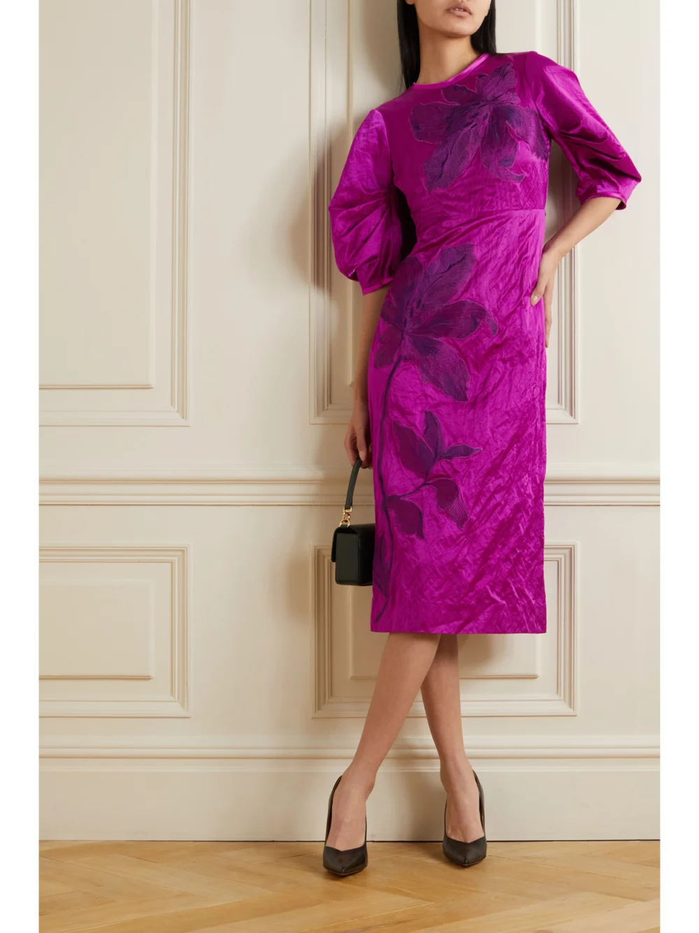 Erdem Sandrine Bow-detailed Appliquéd Textured-satin Midi Dress, worn by a model