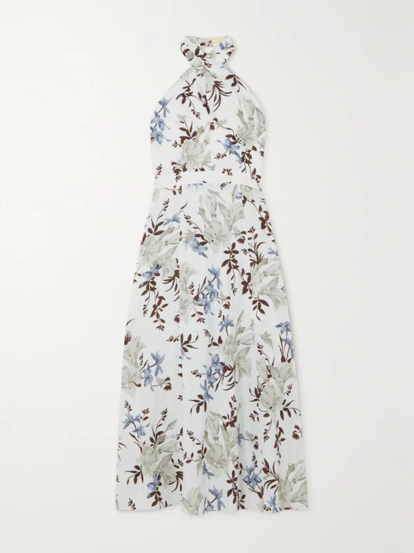 Erdem Selene Bow-detailed Floral-print Linen Halterneck Midi Dress