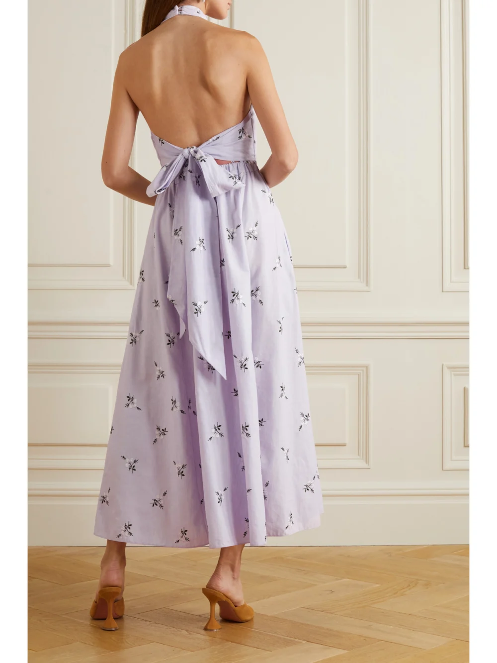 Back view of the Erdem Selene Embroidered Cotton and Linen-blend Halterneck Midi Dress