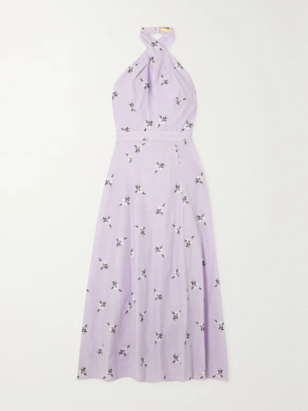 Erdem Selene Embroidered Cotton and Linen-blend Halterneck Midi Dress