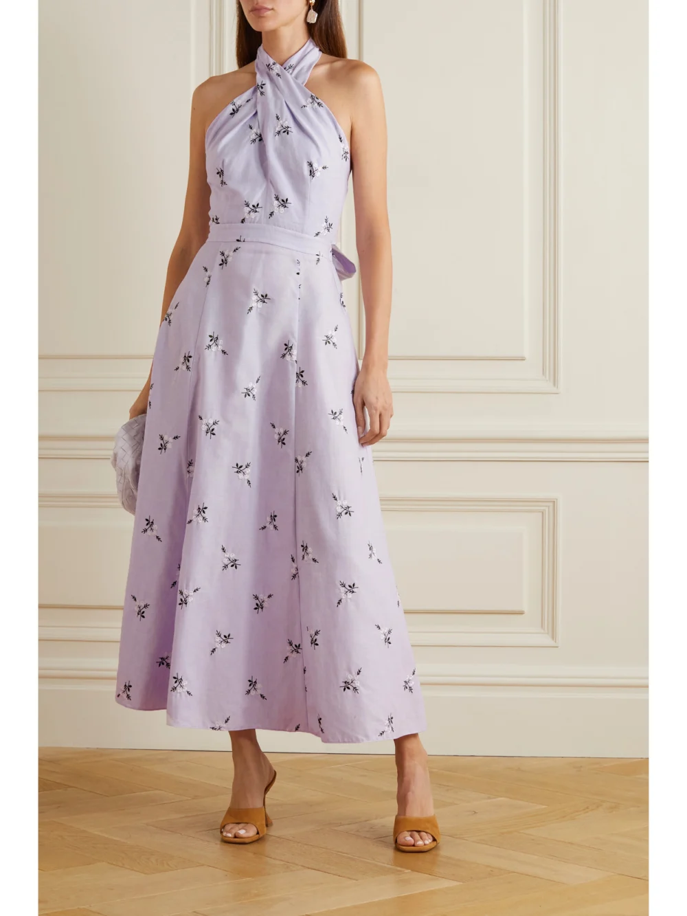 Erdem Selene Embroidered Cotton and Linen-blend Halterneck Midi Dress, worn by a model