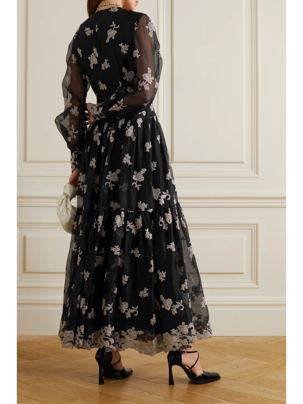 Back view of the Erdem Tabetha Tiered Embroidered Silk-organza Maxi Dress