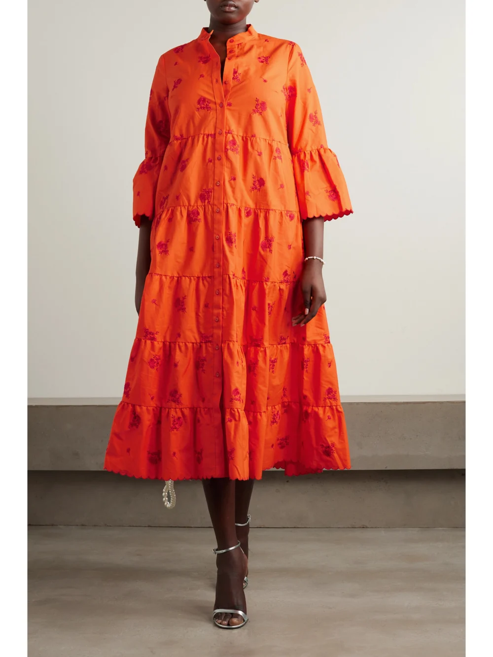 Erdem Tiered Embroidered Cotton-poplin Midi Shirt Dress, worn by a model