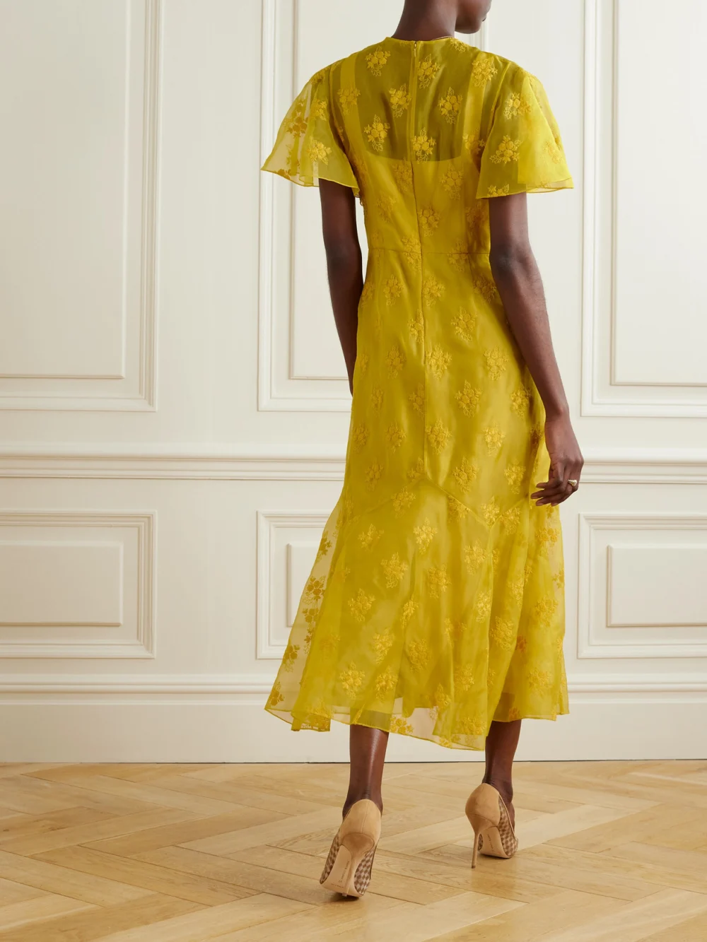 Back view of the Erdem Twist-front Paneled Embroidered Silk-organza Midi Dress