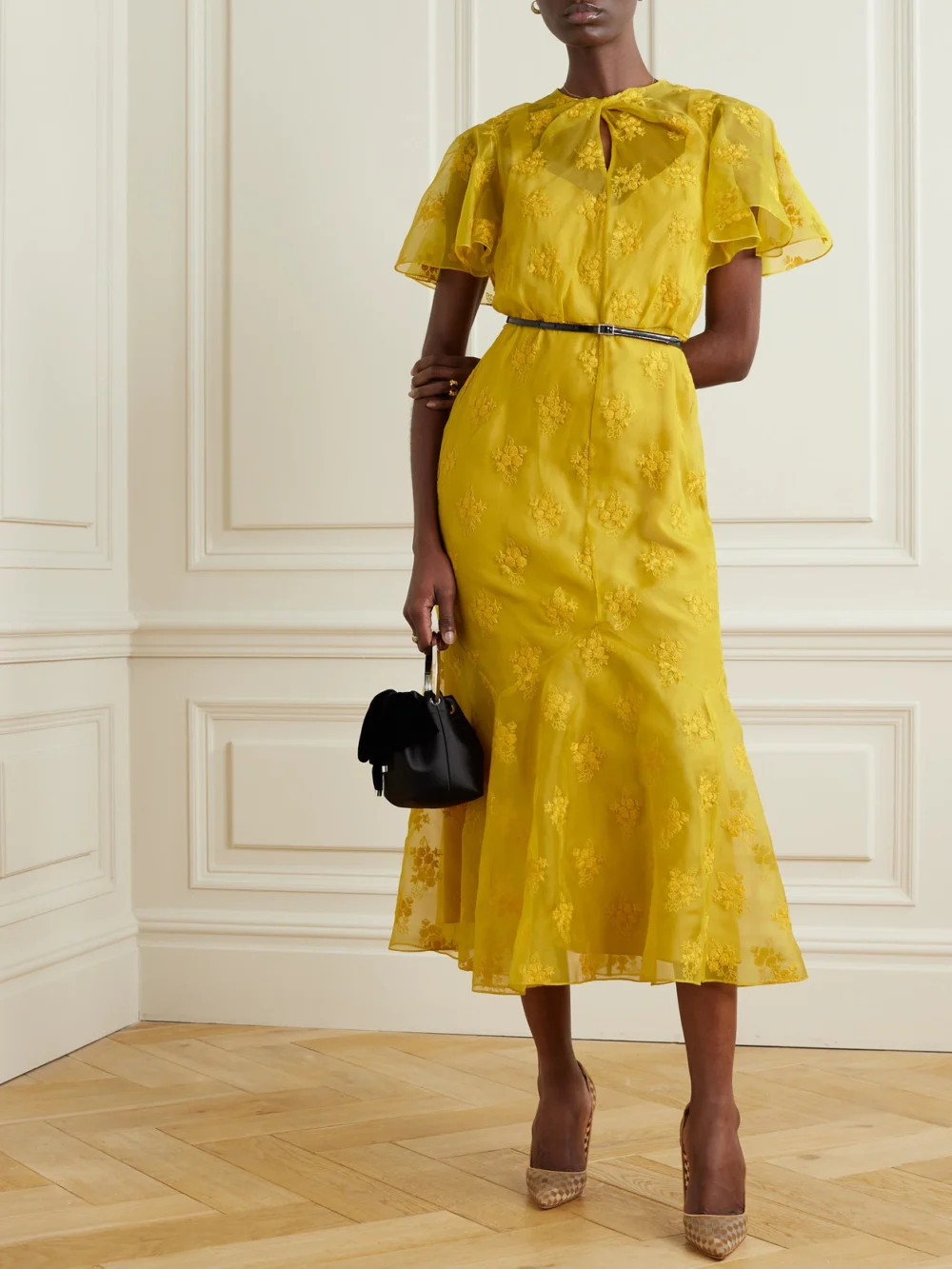 Erdem Twist-front Paneled Embroidered Silk-organza Midi Dress, worn by a model
