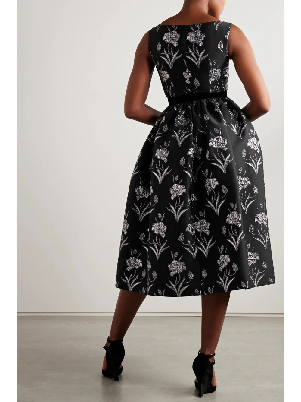 Back view of the Erdem Velvet-trimmed Metallic Floral-jacquard Midi Dress