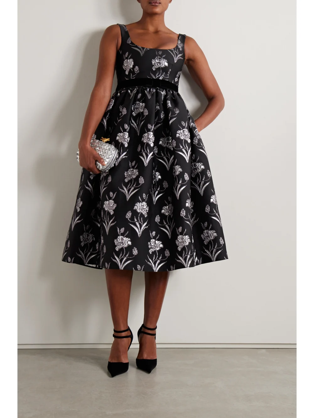 Erdem Velvet-trimmed Metallic Floral-jacquard Midi Dress, worn by a model