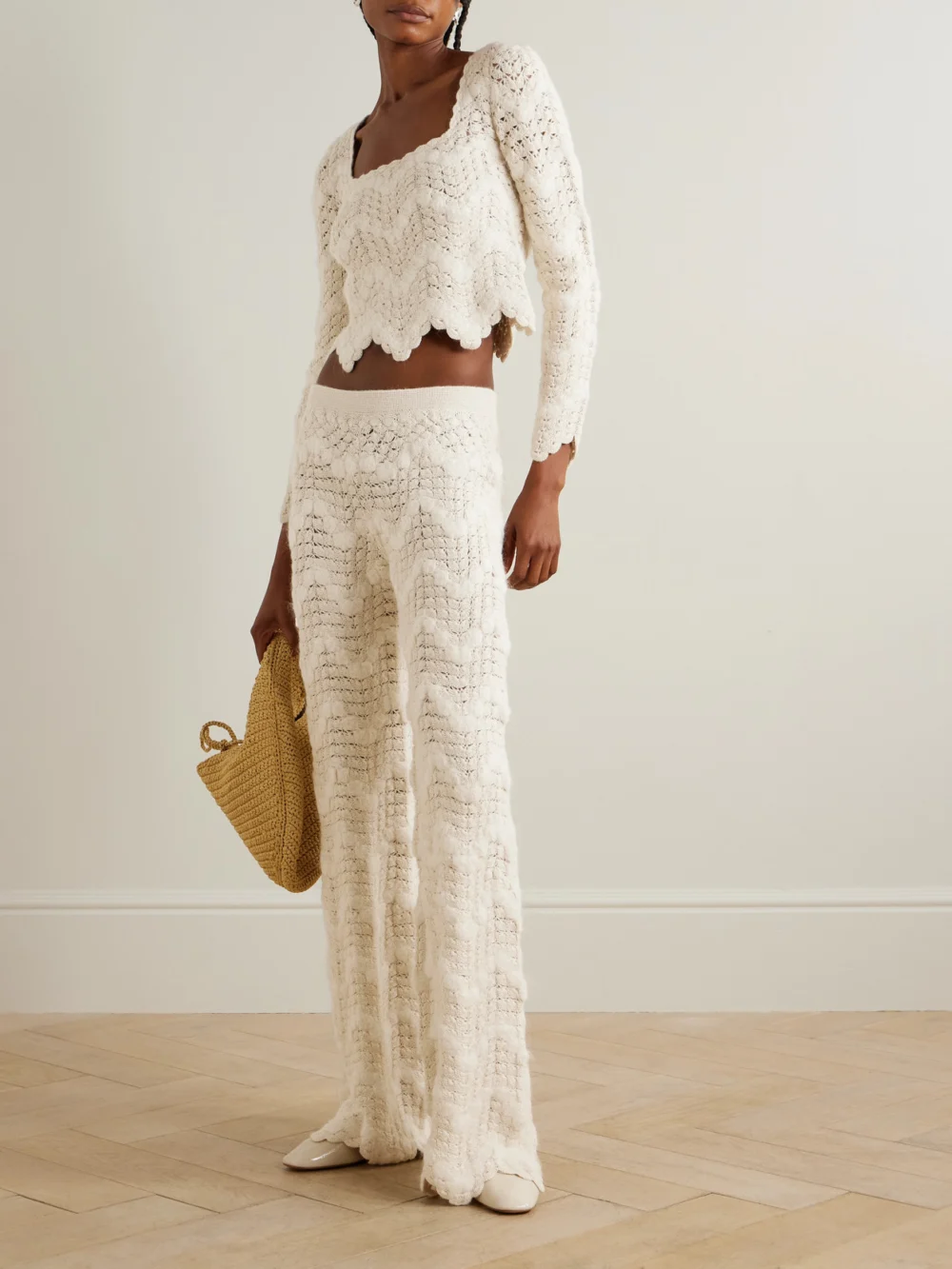 Escvdo Brisa Scalloped Crocheted Alpaca Top, worn by a model