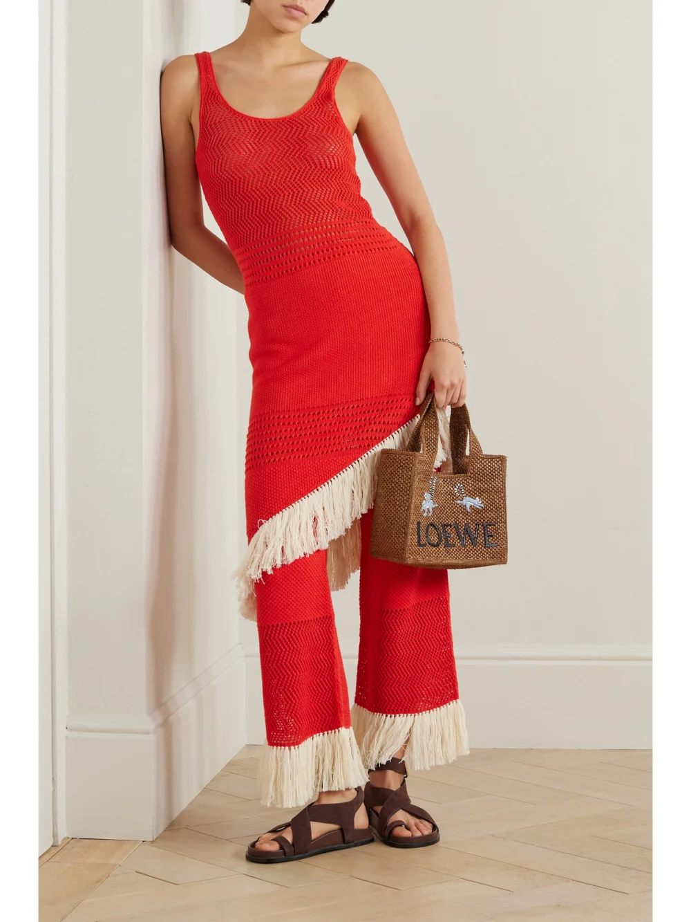 Escvdo Carisa Fringed Asymmetric Cotton Midi Dress, worn by a model