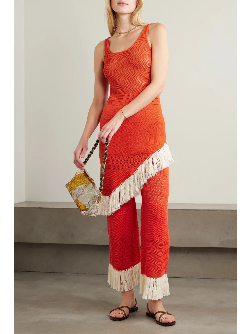 Escvdo Carisa Fringed Flared Cotton Pants, worn by a model