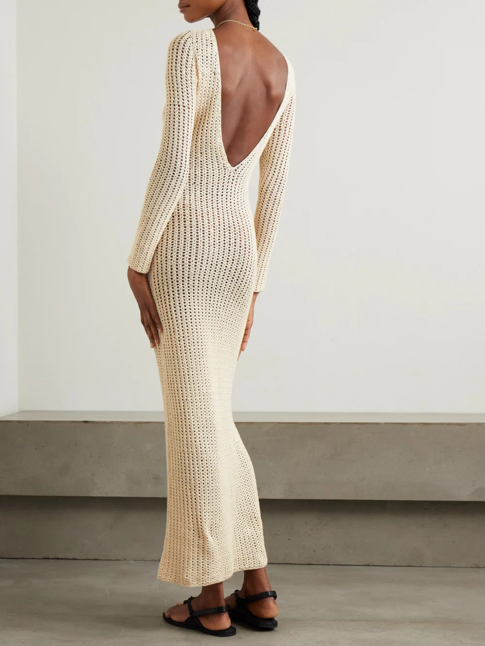 Back view of the Escvdo Misha Open-back Crocheted Cotton Maxi Dress