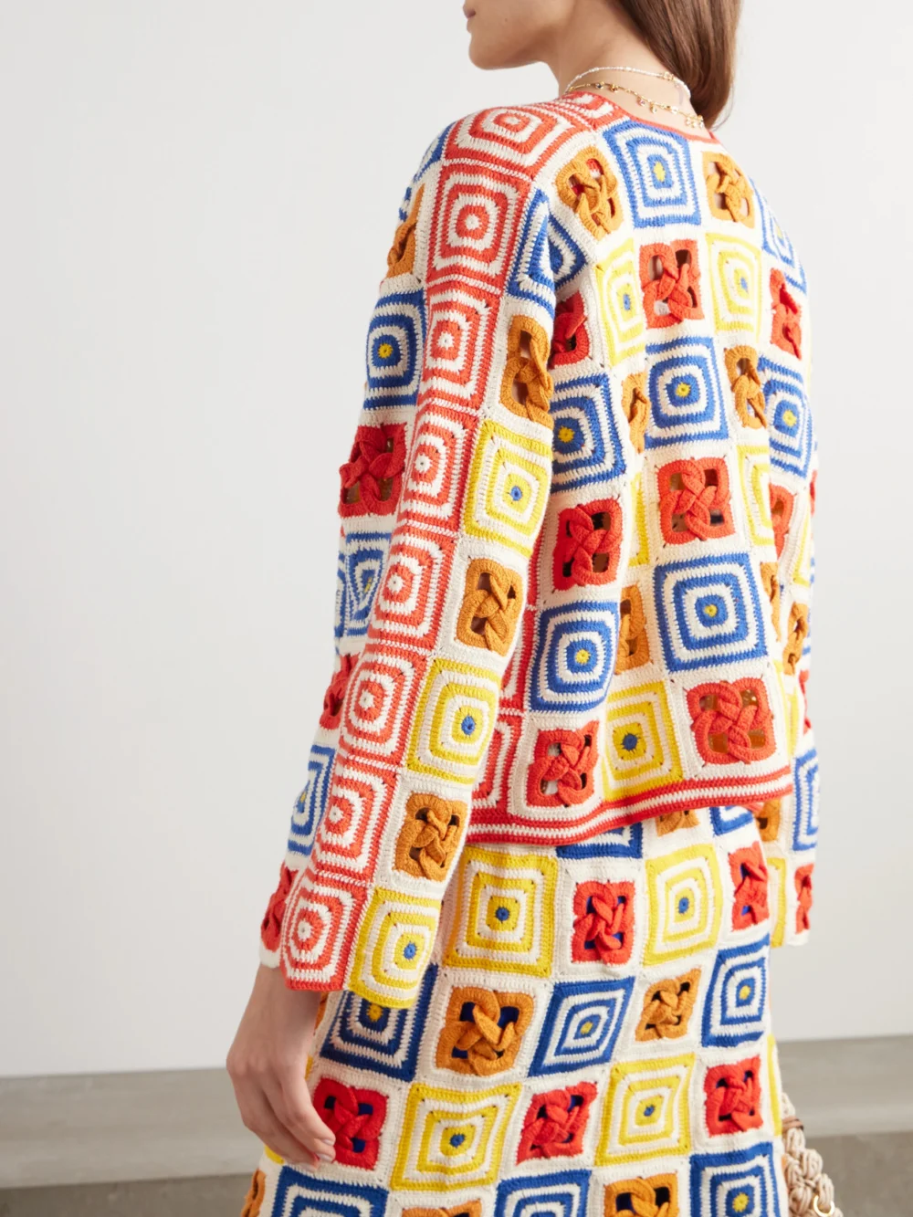 Back view of the Escvdo Santeria Patchwork Crocheted-cotton Cardigan