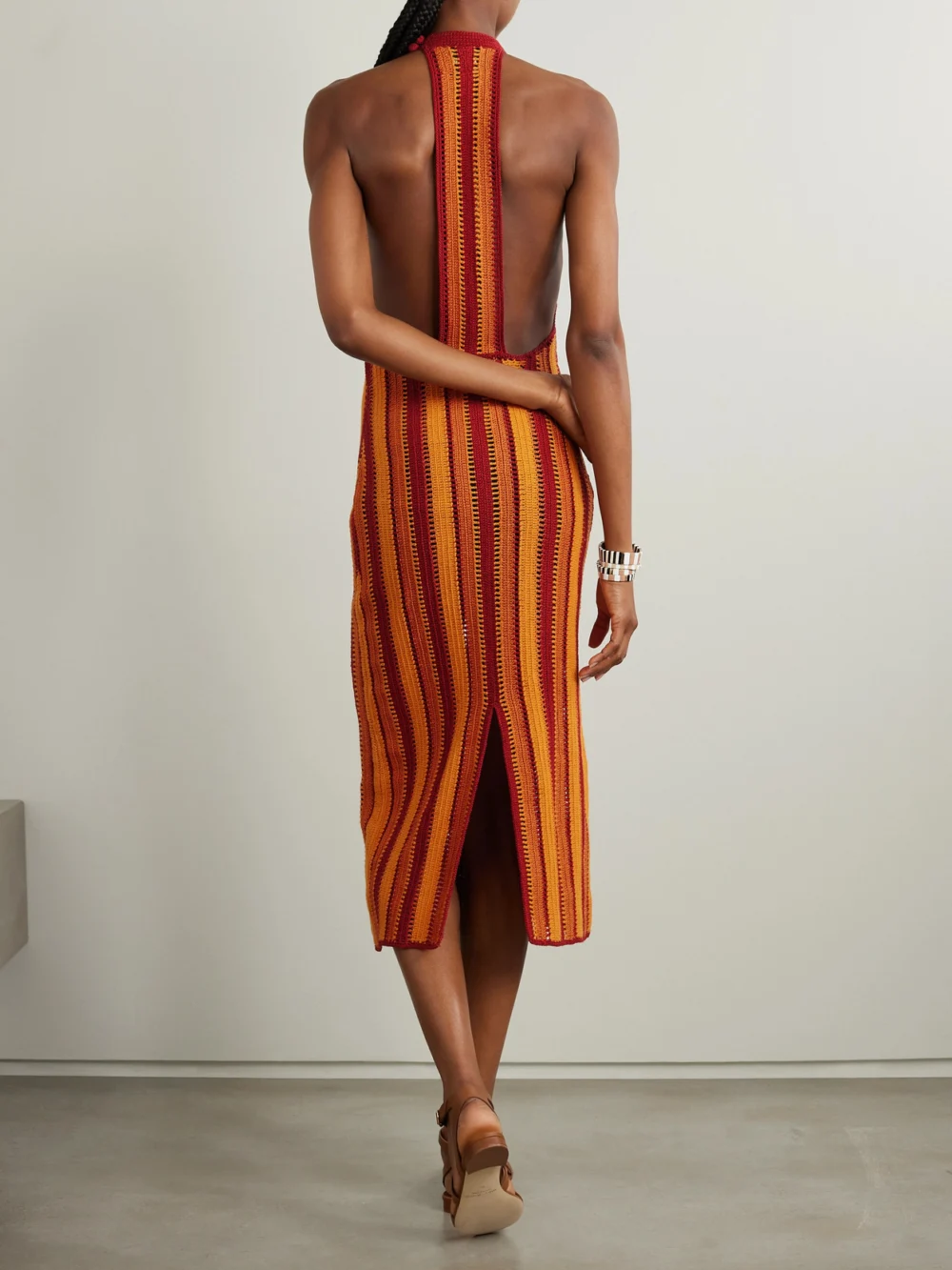 Back view of the Escvdo Striped Crocheted Cotton Midi Dress