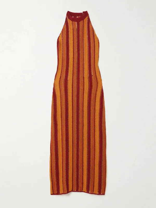 Escvdo Striped Crocheted Cotton Midi Dress