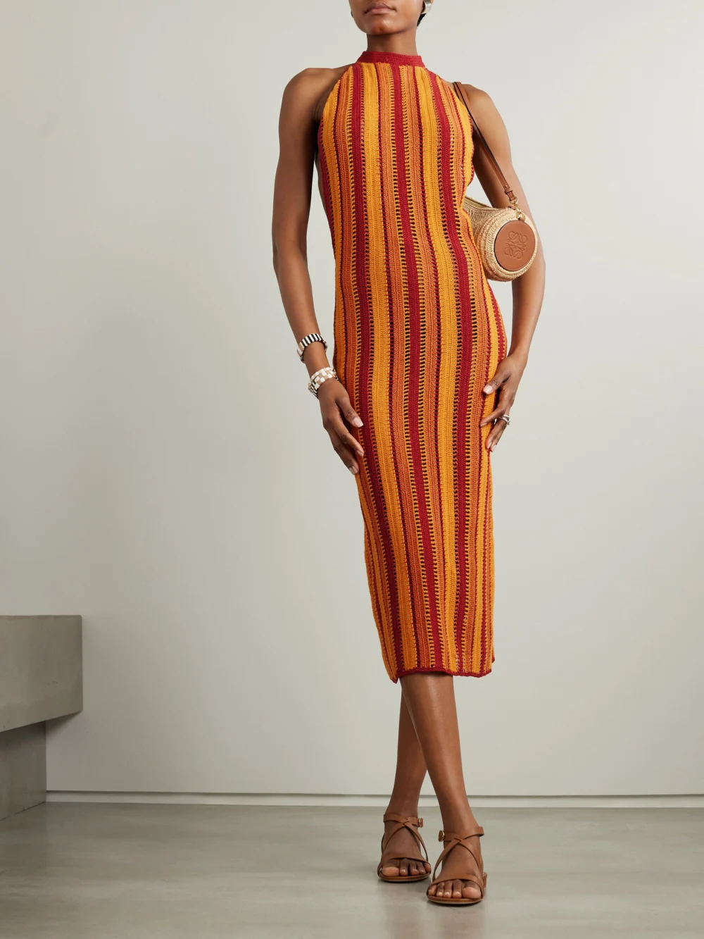 Escvdo Striped Crocheted Cotton Midi Dress, worn by a model