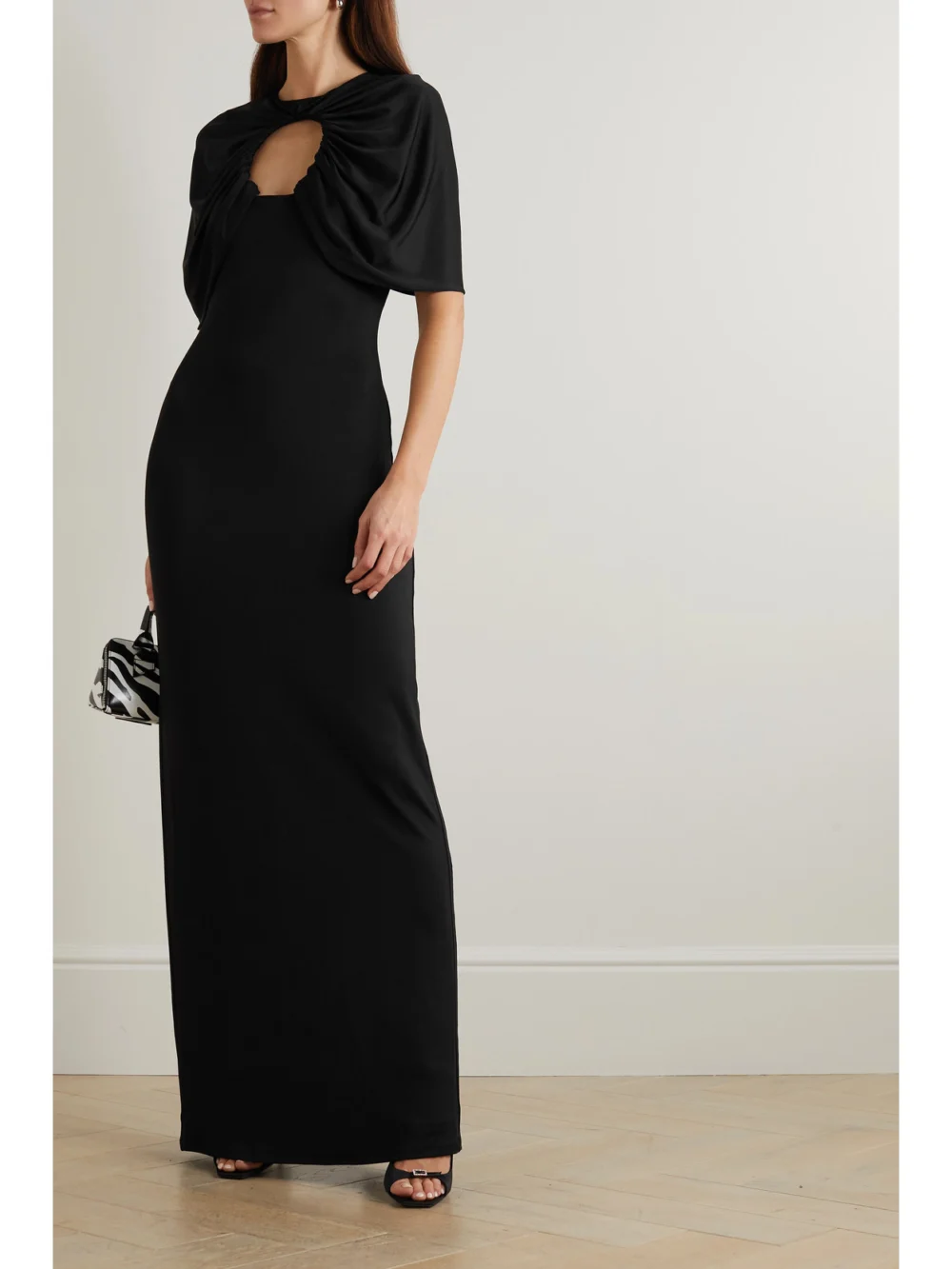 Et Ochs Cape-effect Cutout Ruched Stretch-jersey Gown, worn by a model