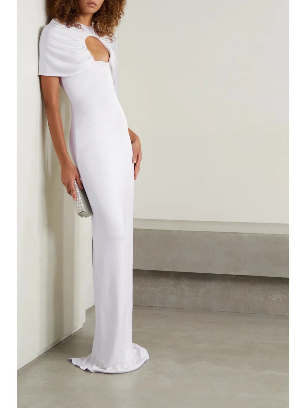 Et Ochs Cape-effect Cutout Ruched Stretch-jersey Gown, worn by a model